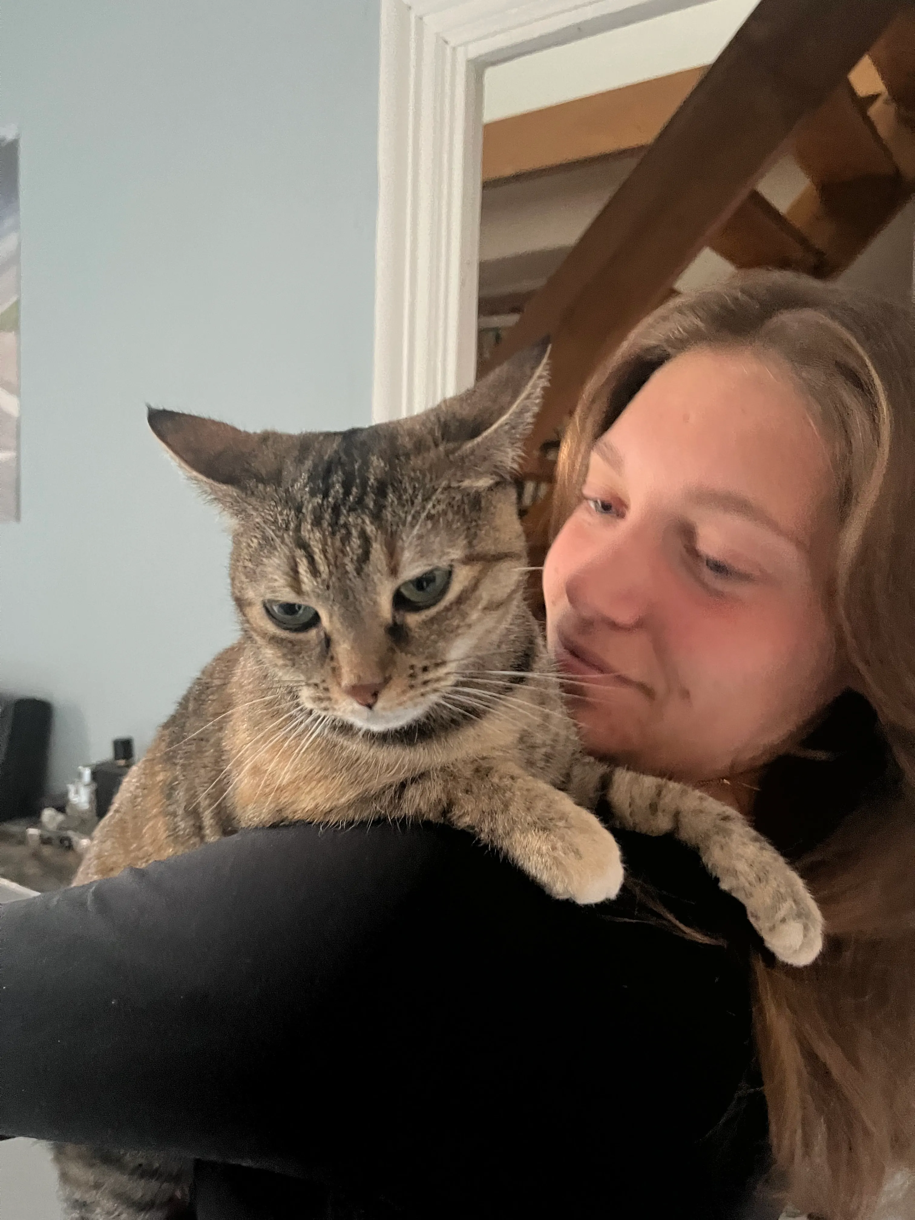 Emily carrying a tabby cat on her shoulder